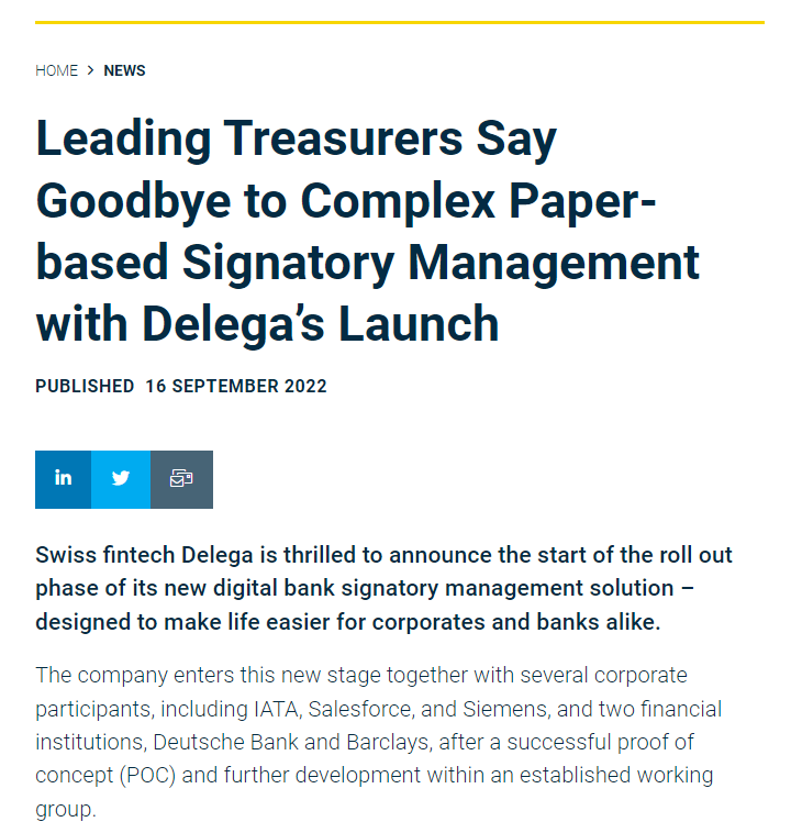 Leading Treasurers Say Goodbye to Complex Paper-based Signatory Management with Delega’s Launch