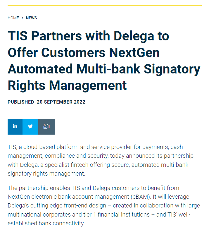 TIS Partners with Delega to Offer Customers NextGen Automated Multi-bank Signatory Rights Management